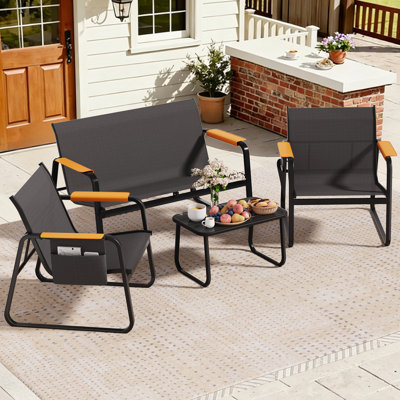 4-Piece Outdoor Patio Furniture Set, Breathable Textilene Loveseat & Chairs with Wide Armrests & Side Storage Pockets, All-Weather Conversation Set with Slatted Coffee Table for Backyard (Black)