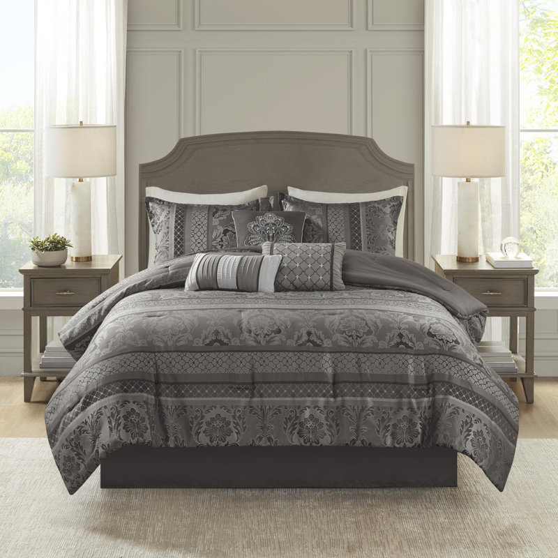 Ensemble d'édredon en polyester jacquard 7 pièces, Gris, Édredon de très grande taille et 6 pièces suppl