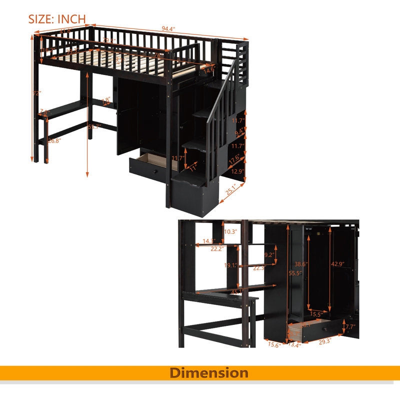 Lit mezzanine simple avec bibliothèque, tiroirs, bureau et garde-robe, Espresso