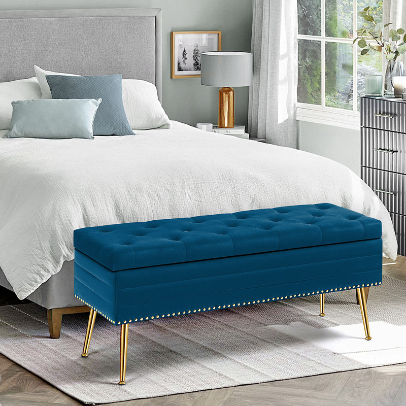 Banc de rangement en velours Carrielynn, Bleu marine
