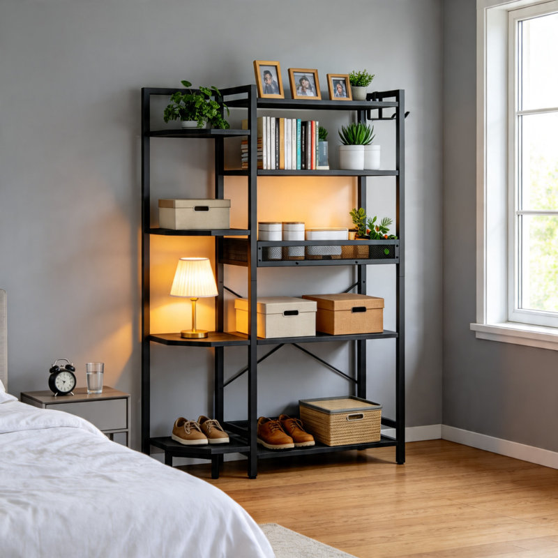 Over The Toilet Storage, 7-Tier Freestanding Shelf With Basket And Hook (Black), Black