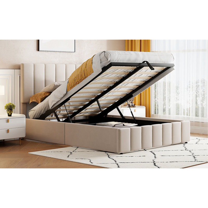 Lit double tapissier pleine grandeur beige avec rangement polyvalent à revêtement hydraulique