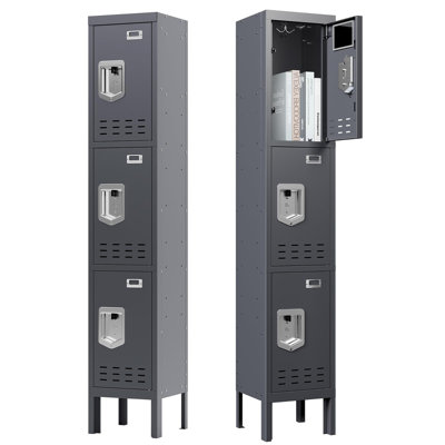 Metal Locker with 3 Doors Employees Locker, Metal Storage Locker with Hooks