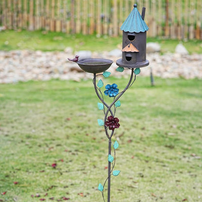 58 H Bird Baths For Outdoors Metal Bird Bath And Bird House 2In1 Design