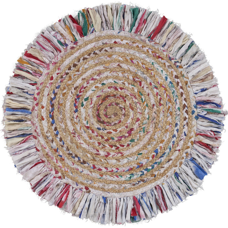 Tapis d'intérieur en fibre de jute tressé à la main Whimsical Rainbow, Rond 5 pi 6 po