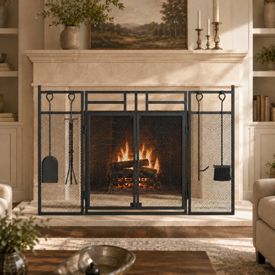 48.8" W 3-Panel Iron Fireplace Screen with Doors & Tool set, Black Mesh Spark Guard