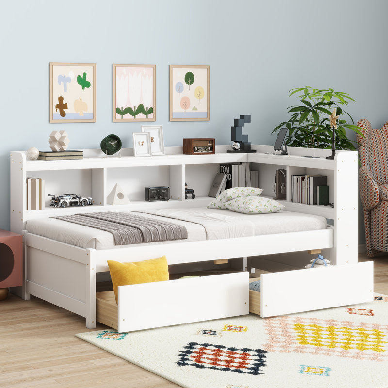 Twin Size L-Shaped Bookcase Bed with USB Charging Ports, Power Outlets & 2 Storage Drawers