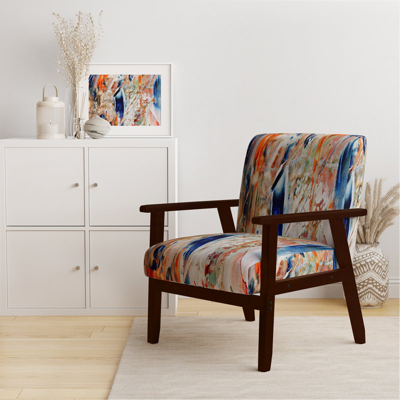 Fauteuil de 23 po de large Nicosha, Bleu / beige / orange, Accoudoirs carrés bruns