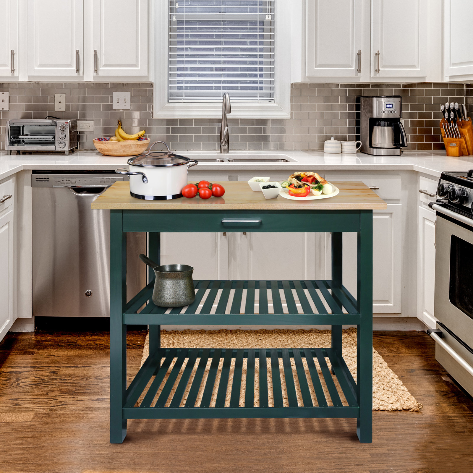 Herriott 40" Solid Wood Prep Table, Hunter Green/Natural, 36.5"H x 40"W x 20"D