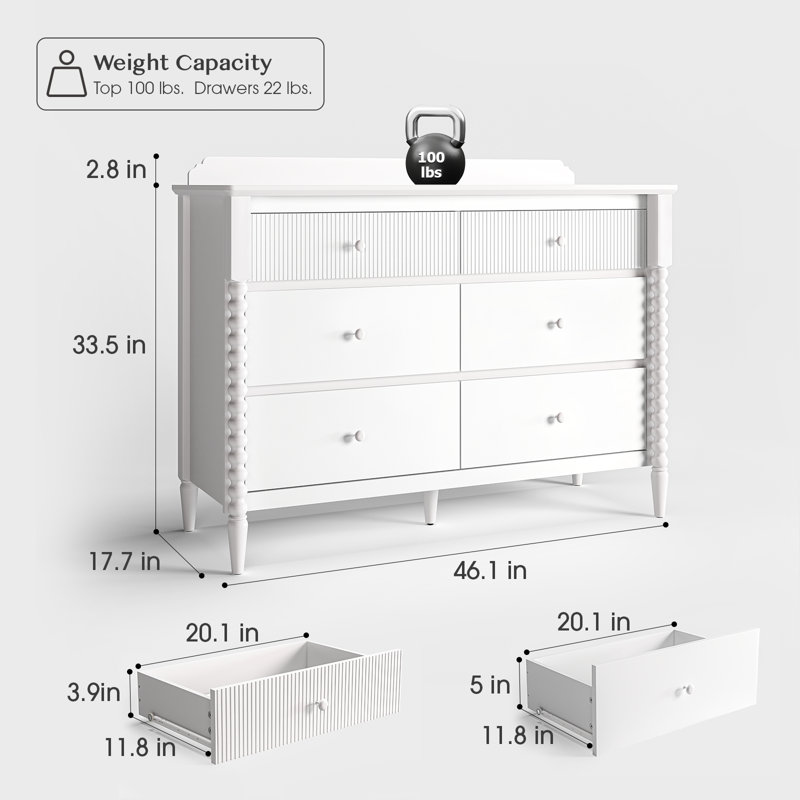 Commode 6 tiroirs avec rangement, large commode pour chambre de bébé, blanc