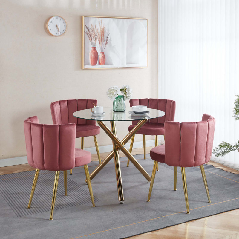 Ensemble de salle à manger 1 + 4,5 pièces, table de salle à manger à pieds en métal Mid-Century pour 4-6 personnes avec plateau en verre, table de salle à manger à piédestal, table basse de loisirs