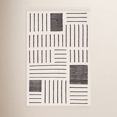 Tapis kilim Flore en laine et coton, fabriquÃ© Ã  la main, couleur ivoire et noir