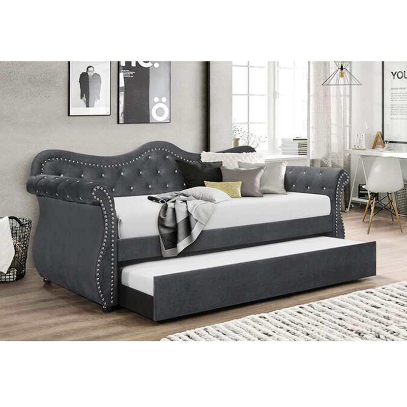 Upper Shockerwick Twin Solid Wood Upholstered Daybed with Trundle, Gray, Twin