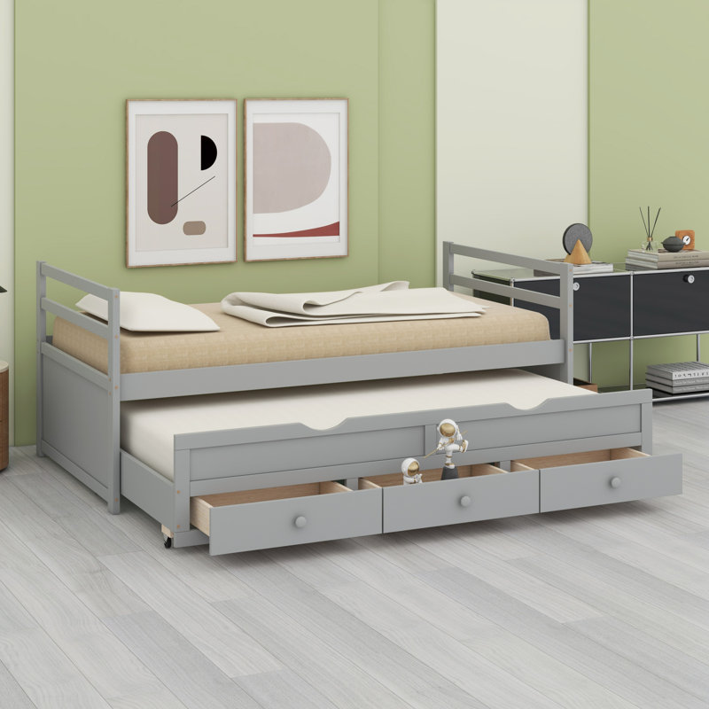 Bed With Headboard, Footboard, Trundle And Storage Drawers, Grey