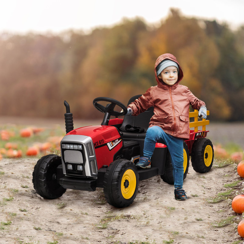 Red 12-Volt Ride-On Tractor with Trailer and LED Lights