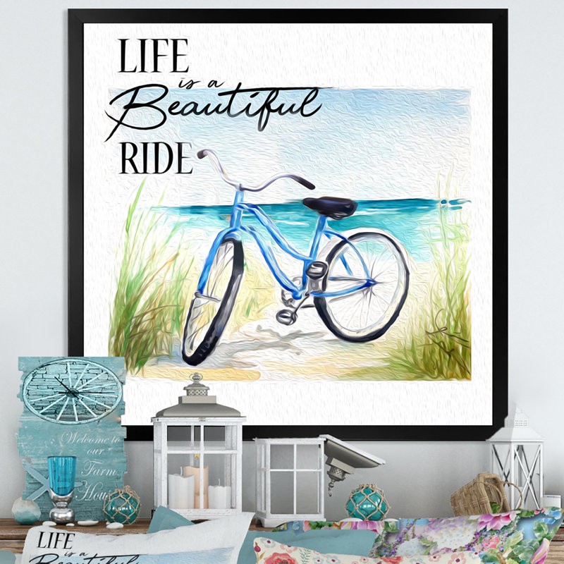 "Life" de bicyclette si belle à la plage - Décoration murale traditionnelle en toile, H 16 po x l 16 po x P 1 po