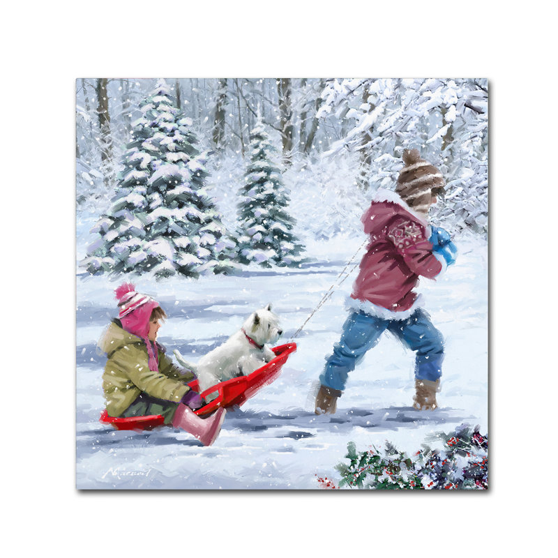 «Children on Sledge» par Armand, reproduction sur toile, H 14 po x l 14 po x P 2 po