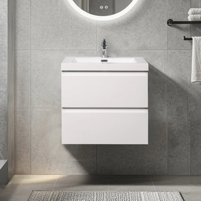 24-Inch Gloss White Wall-Mounted Floating Bath Vanity With Single White Solid Surface Sink Top