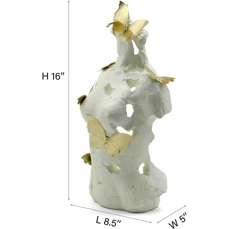 Sculpture abstraite buste féminin avec papillons, beige, résine 16 po