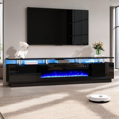 Bhhatu 2 Tier High Gloss TV Stand with Electric Fireplace Included