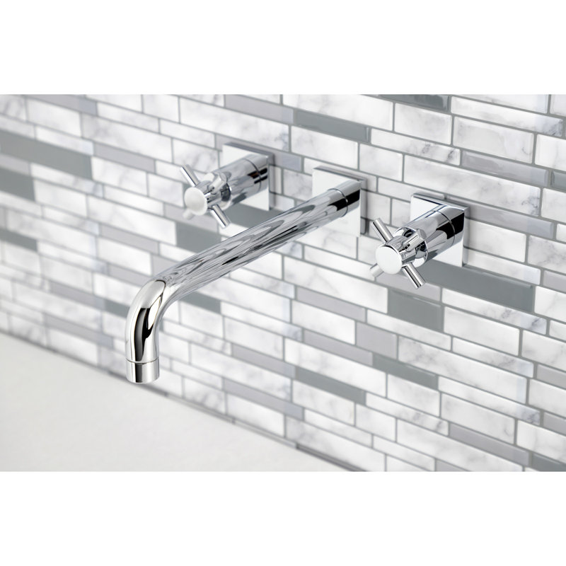 Kingston Brass Manhattan Two-Handle 3-Hole Wall Mount Roman Tub Faucet, Polished Chrome, Cross