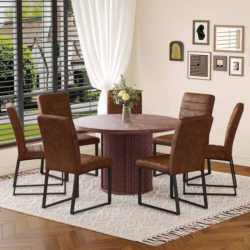 Ensemble de chaises de salle à manger rembourrées en polyuréthane 6 pièces avec table à colonnes romaine ronde, rangement inclus, convient aux restaurants