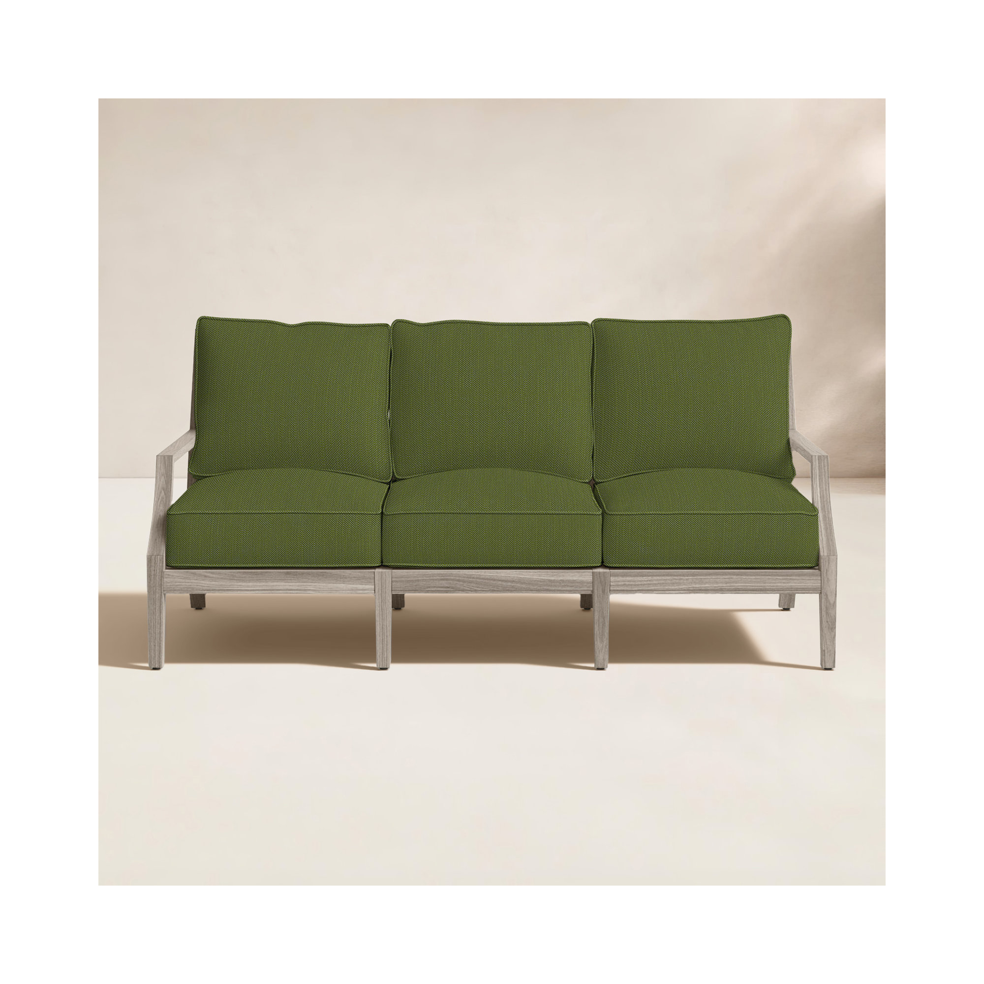 Haley Teak Patio Sofa with Cushions, Linen Forest, Oyster Teak, Welt + Standard fill