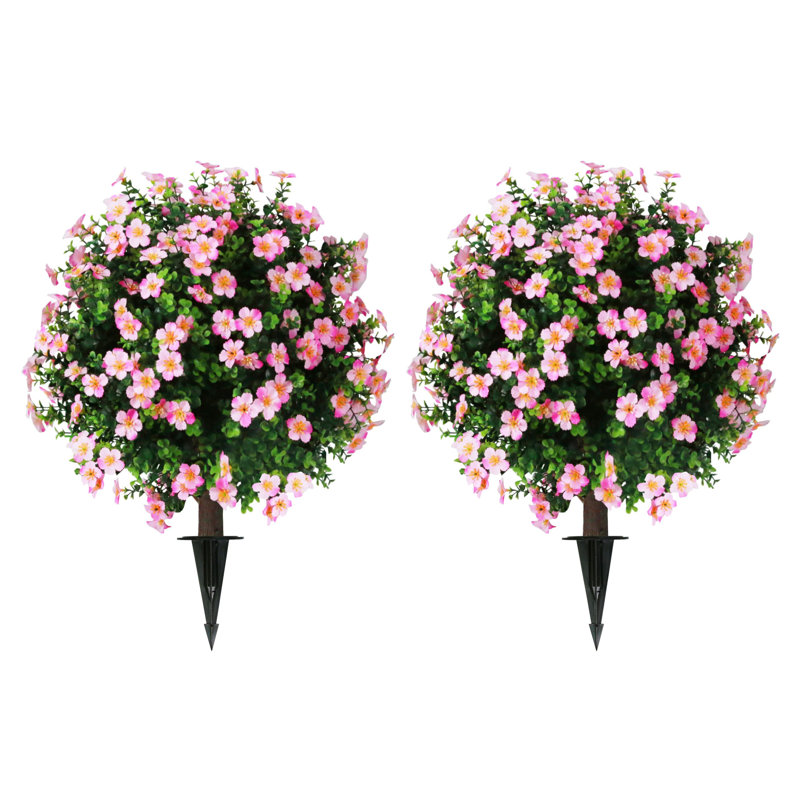 Artificial Boxwood Topiary Ball Trees with Pink Flower (Set of 2), Pink