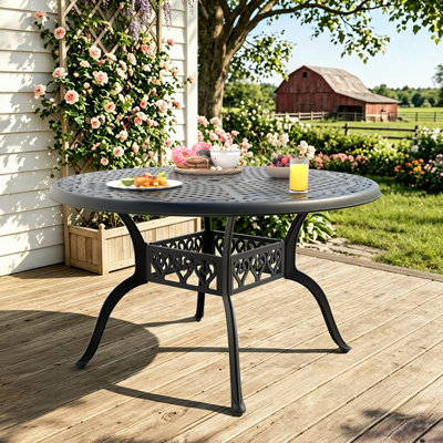 Round 48"l×48"w Cast Aluminum Patio Dining Table With Black Frame And Umbrella Hole
