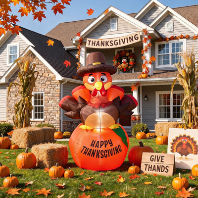 6 FT Pumpkin Turkey Thanksgiving Inflatable, with 7 LEDs