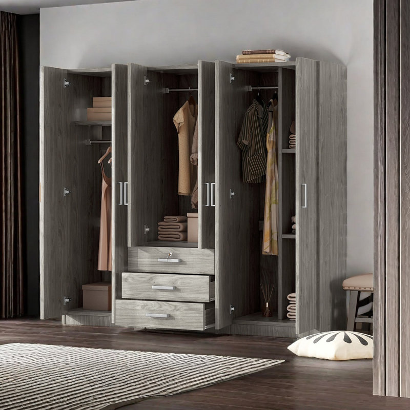 Rangement pour garde-robe en bois à 6 portes avec 6 grands tiroirs, Gris