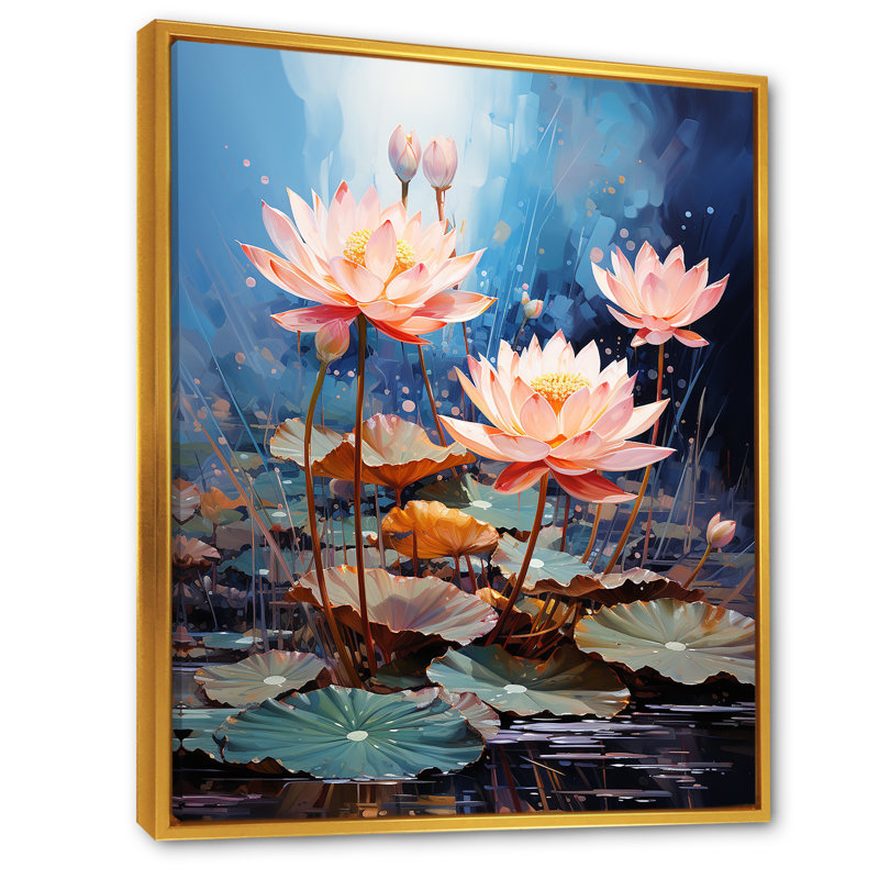 Fleurs de lotus étang harmonie sur toile, H 32 po x l 16 po x P 1 po, Cadre flottant doré