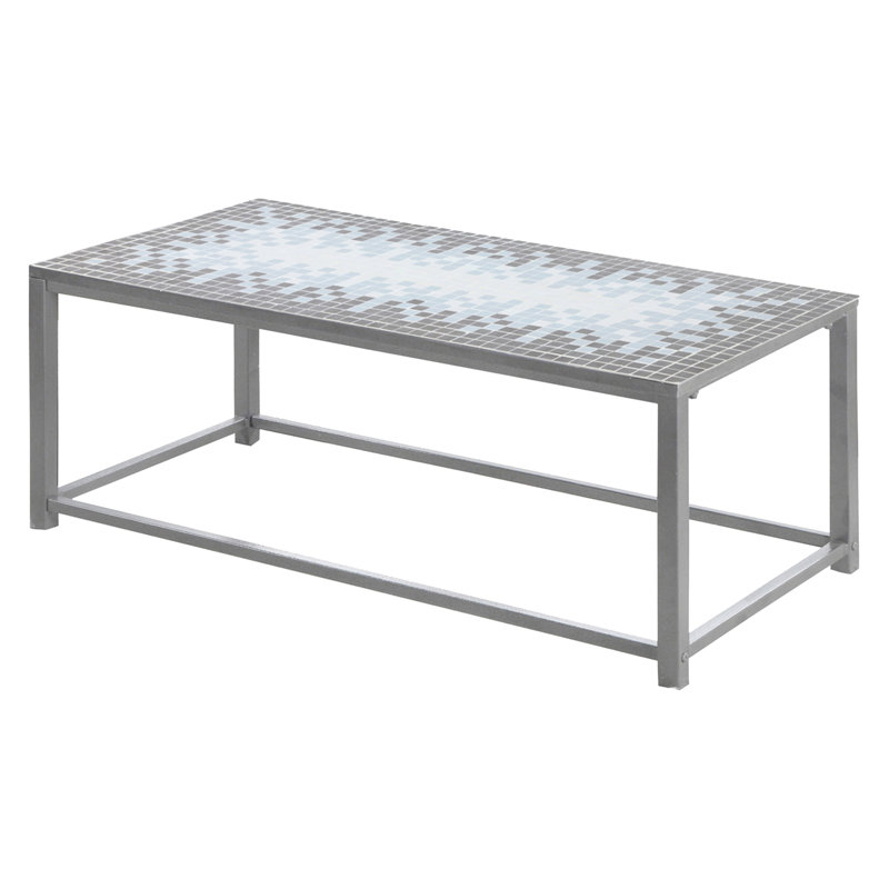 Table basse rectangulaire avec dessus en carreaux bleus - 107 cm de long, structure en métal gris, idéale pour le salon.