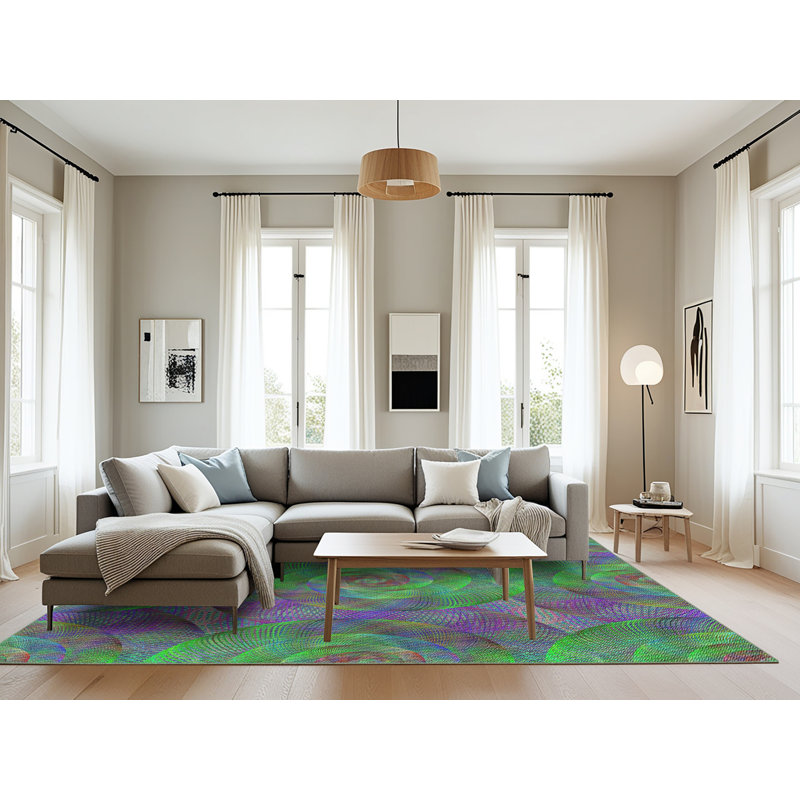 Tapis vert/mauve à motifs, Rectangle 8 pi x 10 pi