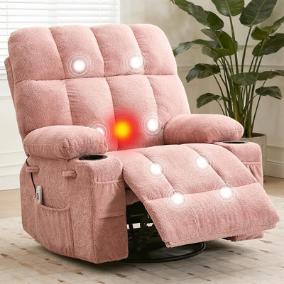 Oversized Rocking Recliner Chair with Heat and Massage, 360° Swivel Manual Reclining Chair with Cup Holders