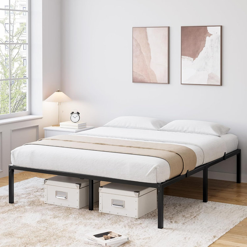8 Inch Heavy-Duty Steel Platform Bed Frame, Slip-Resistant, Quiet, Easy Install, Black, 8", Queen
