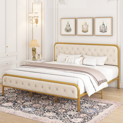 Bed Frame Upholstered Bed Frame With Velvet Headboard, Heavy Duty Metal Foundation, Bed Frame With Wood Slat Support, No Box Spring Needed, Noise-Free, Gold/Beige