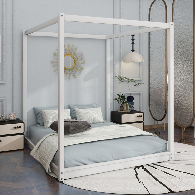 Queen Size Canopy Platform Bed With Support Legs,White, White, Queen