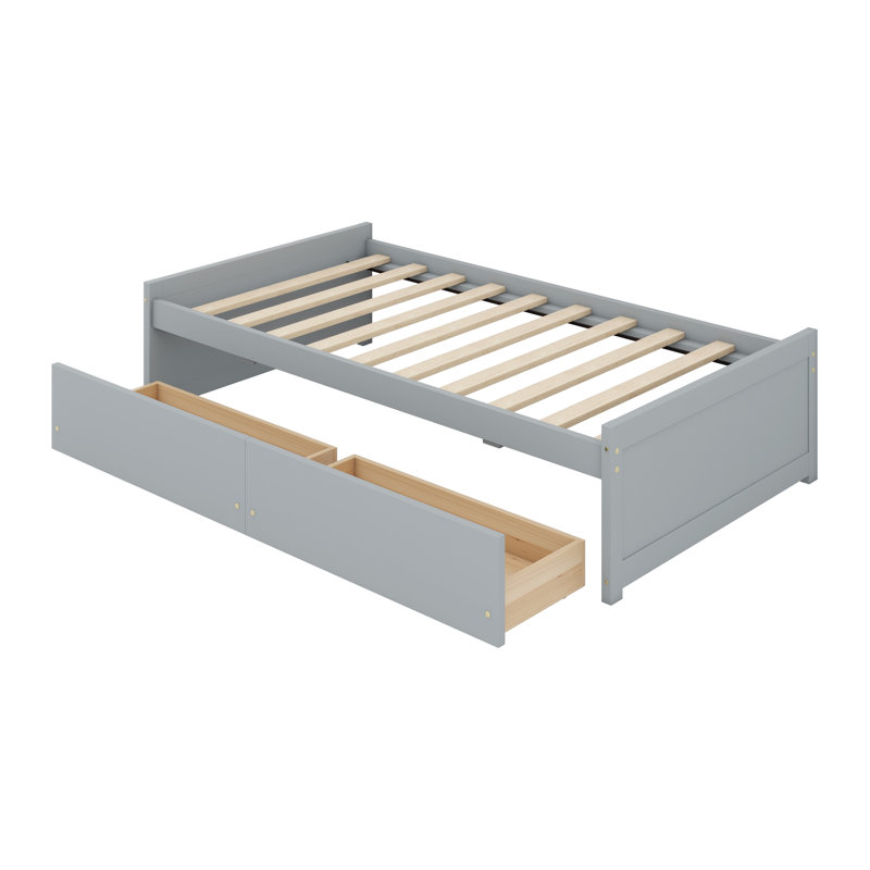 Lit plateforme en bois d'hévéa robuste avec lattes et deux tiroirs de rangement, Gris