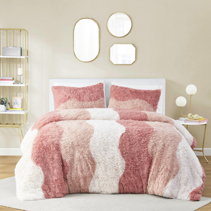 Très grand / très grand housse de couette en fausse fourrure ombrée 3 pièces King / King, lavable à la machine, attaches intérieures et 2 taies décoratives douillettes