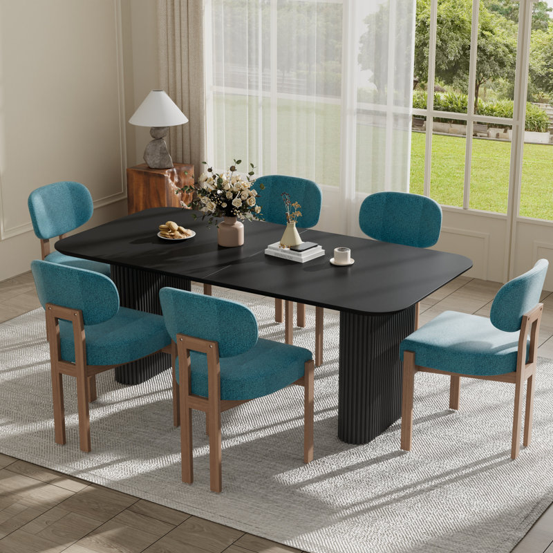Ensemble de table de salle à manger 70,9 po, Noir, 7 Pieces: Table, 6 Chairs, Sarcelle