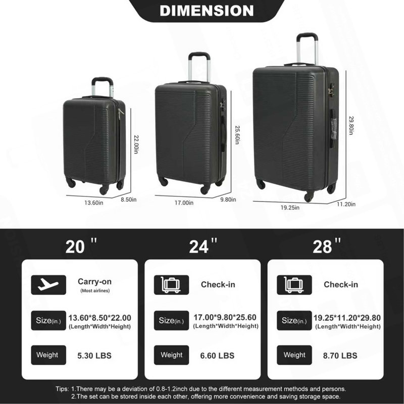 Ensemble de bagage 3 pièces Valise légère et durable en ABS avec roulettes pivotantes, verrou TSA, (20/24/28), Noir