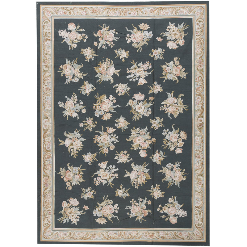 Tapis vert et beige noué à la main de haute qualité