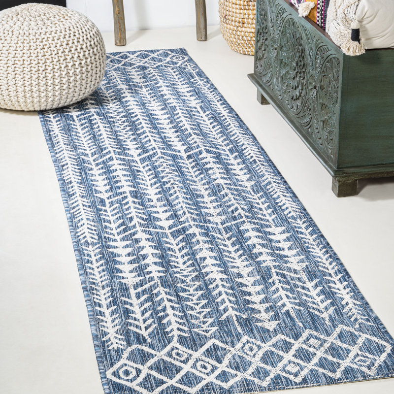 Wiese Bohemian Geometric Blue/Ivory Indoor/Outdoor Rug, Runner 2'2" x 10'