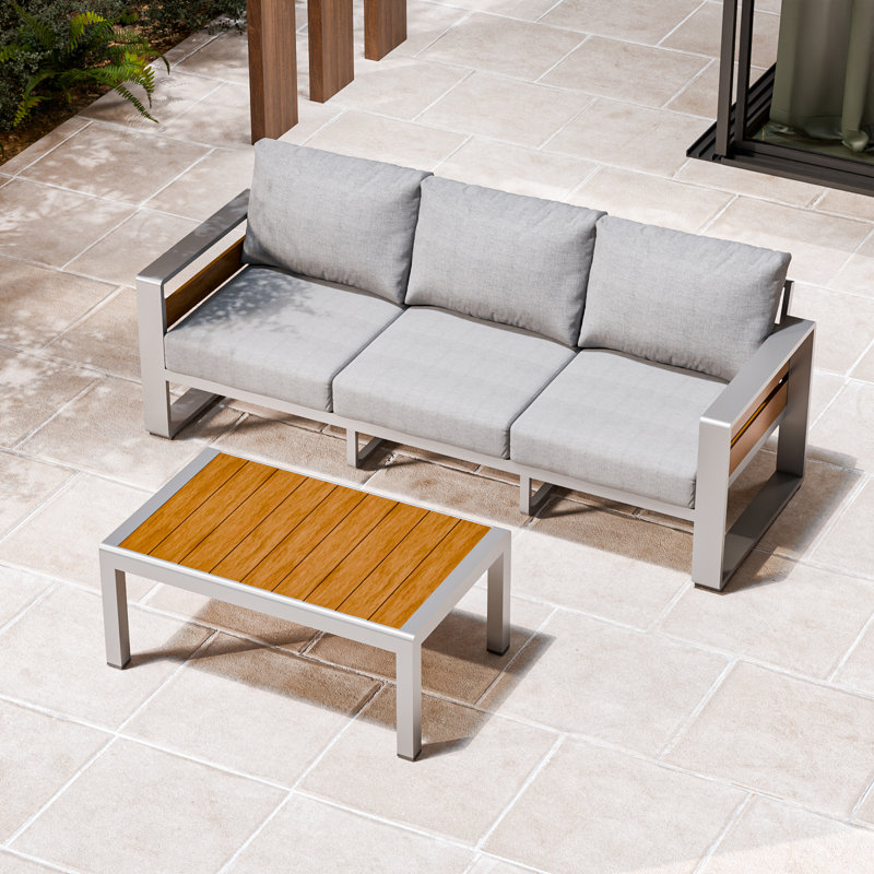 3-Seat Outdoor Patio Sofa, Modern Aluminum Conversation Couch with Thick Washable Cushions, All-Weather Metal Frame for Backyard Garden Deck Porch, Grey