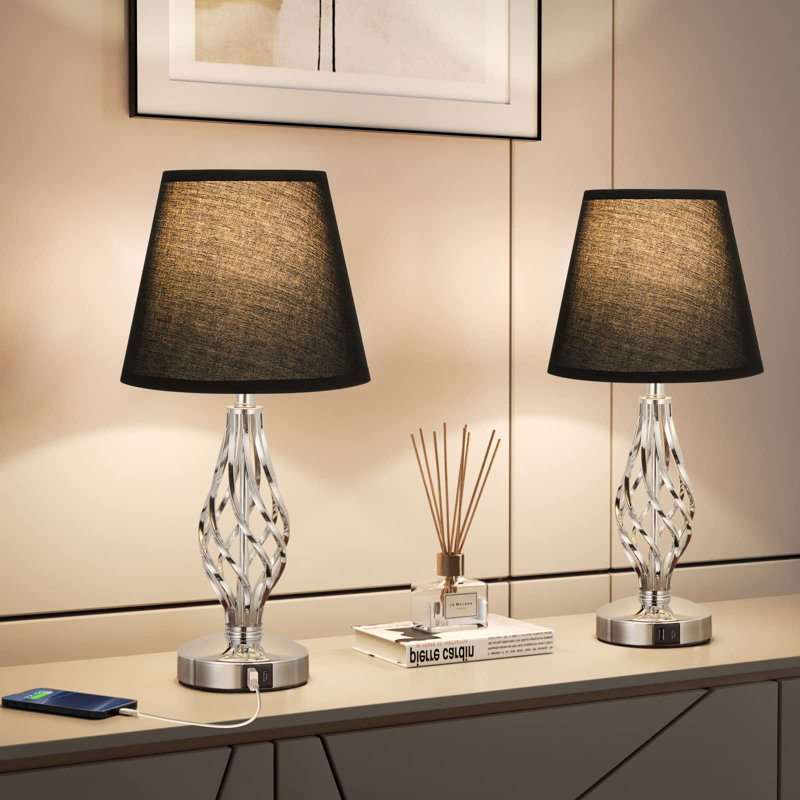 Metal USB Table Lamp, Black, Silver, 17.99" H x 6.3" W x 6.3" D