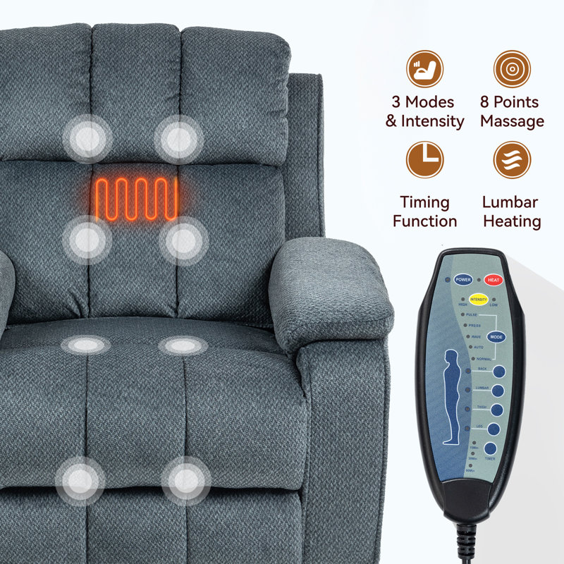 Extended Footrest Chenille Power Lift Chair Lay Flat Recliner with Massage and Heating, 350lbs, Hidden Storage , Blue