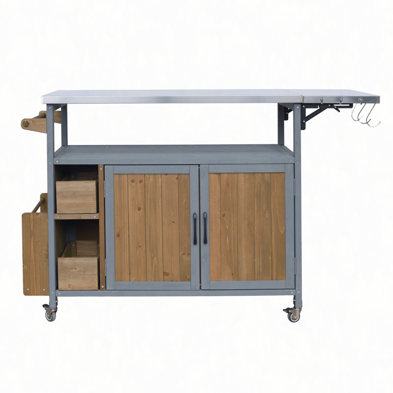 54.33" Farmhouse Rolling Outdoor Kitchen Cart, Solid Wood Frame with Stainless Steel Top, Spice Rack, Towel Rack, Lockable Wheels & Multi-Functional Storage for Patio, Backyard BBQ & Kitchen