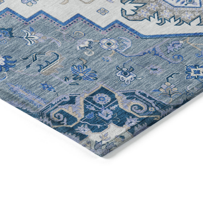 Tapis intérieur / extérieur oriental lavable bleu gris et ivoire 9 pi x 12 pi