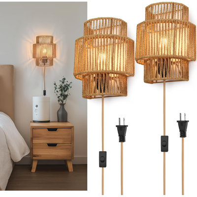 Plug-In Wall Sconces Set Of 2, Handwoven Bohemian Wall Decor With Switch, Wall Lights Fixtures For Bedroom Living Room Hallway Porch